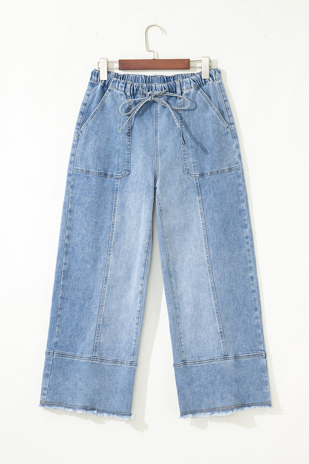 Prussian Blue Drawstring Seam Detail Raw Hem Wide Leg Denim Pants