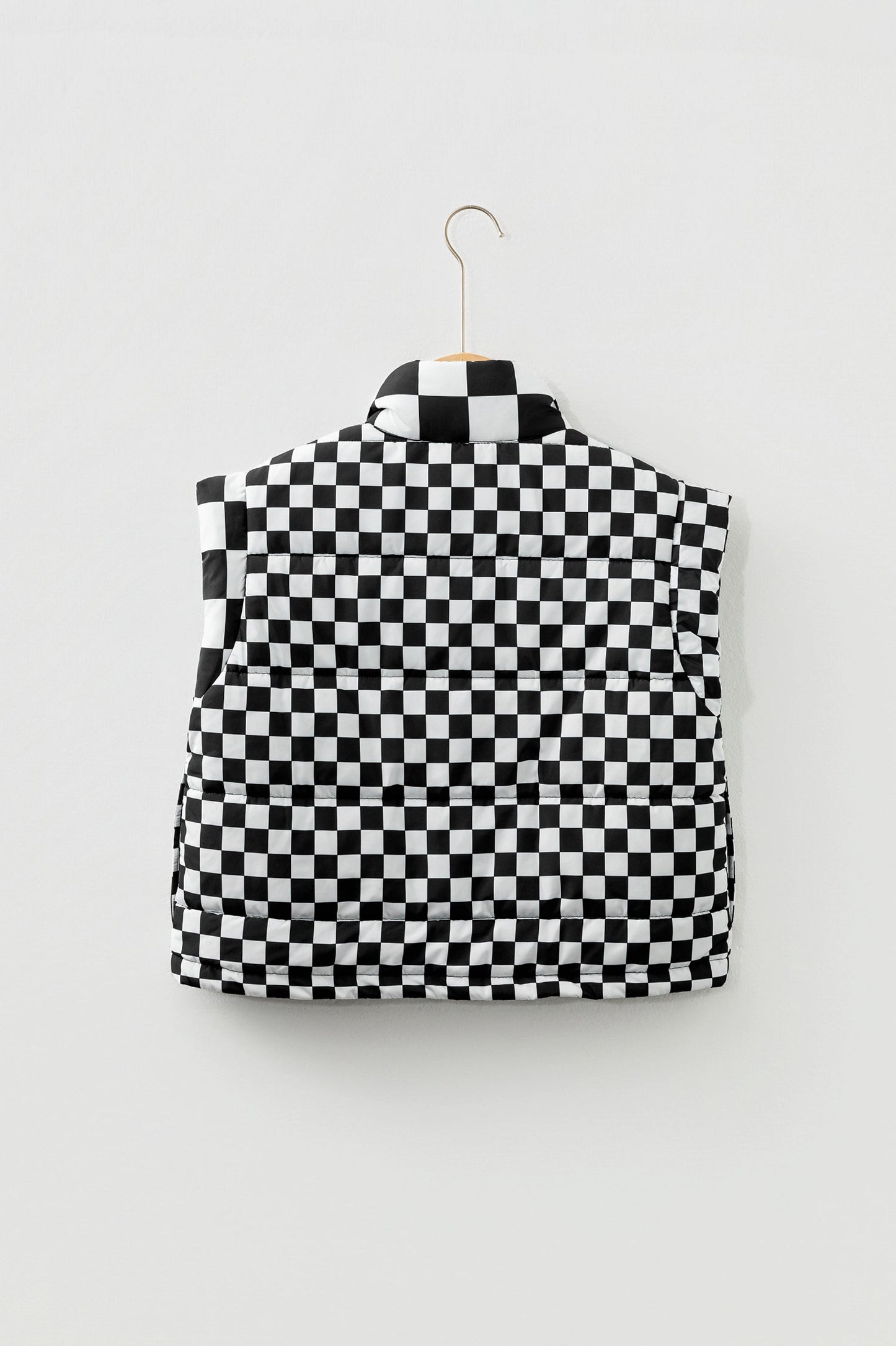 Black Double Checked Stand Collar Cropped Puffer Vest
