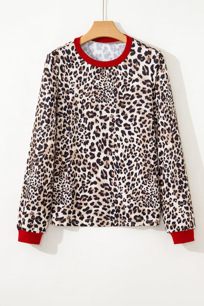 Brown Leopard Print Contrast Trim Round Neck Long Sleeve Top