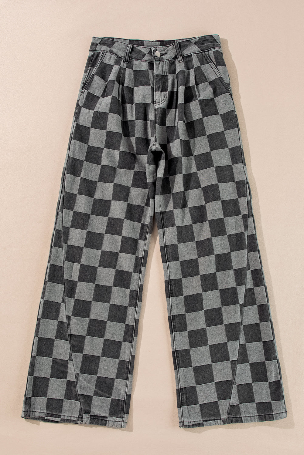 Dusk Blue Checkered Light Washed Wide Leg Jeans