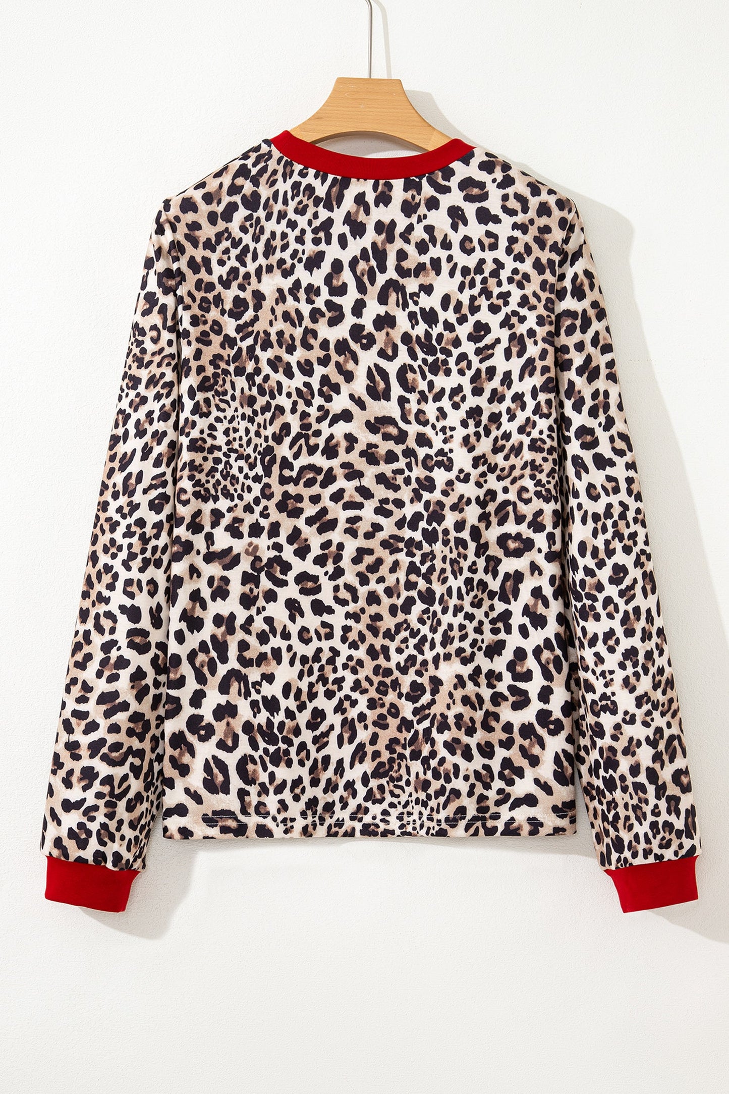 Brown Leopard Print Contrast Trim Round Neck Long Sleeve Top