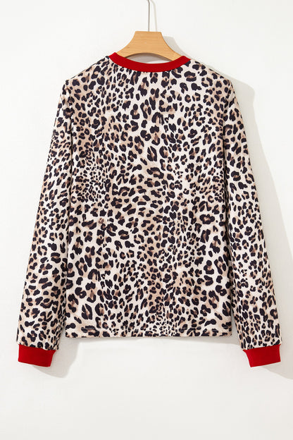 Brown Leopard Print Contrast Trim Round Neck Long Sleeve Top