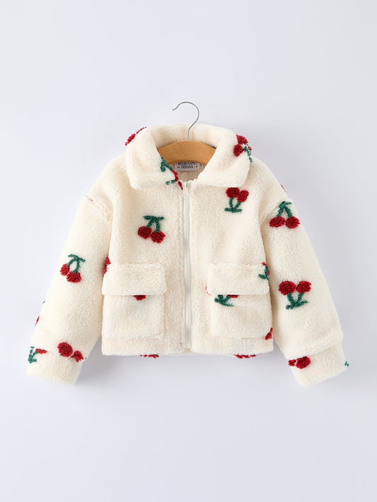 Cherry Plush Jacket for Girls – Zip-Up Winter Coat