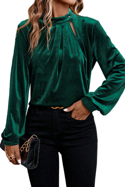 Red Dahlia Asymmetric Button Keyhole Neck Long Sleeve Velvet Blouse