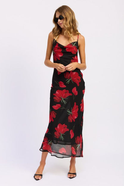 FLORAL PRINTED COWL NECK MAXI DRESS