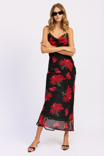 FLORAL PRINTED COWL NECK MAXI DRESS