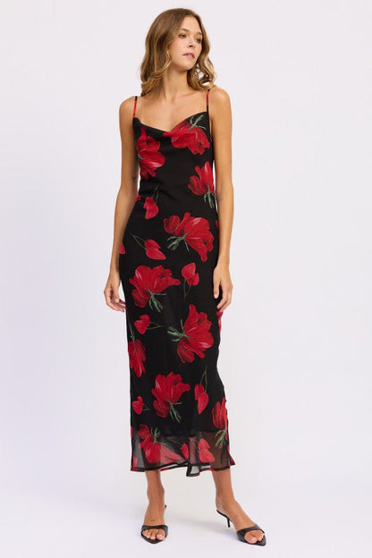 FLORAL PRINTED COWL NECK MAXI DRESS