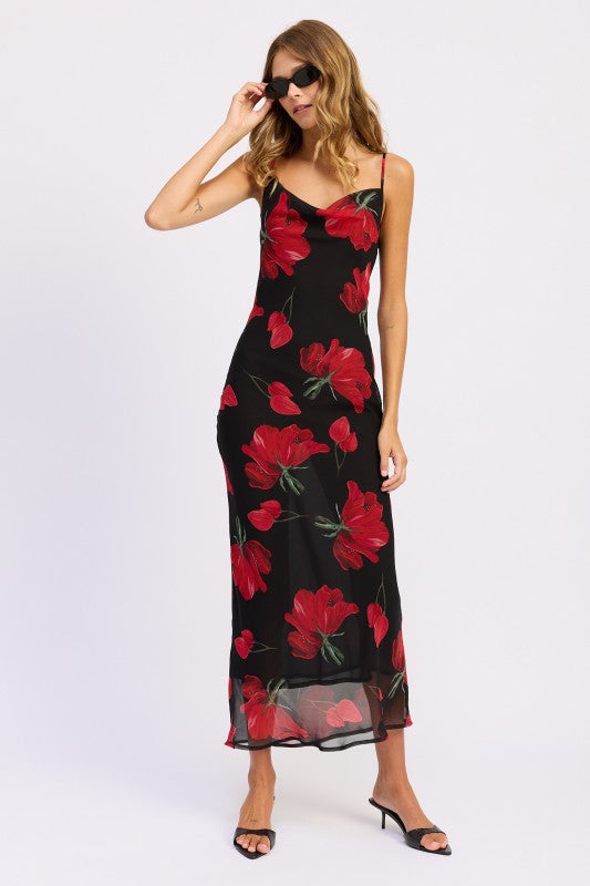 FLORAL PRINTED COWL NECK MAXI DRESS