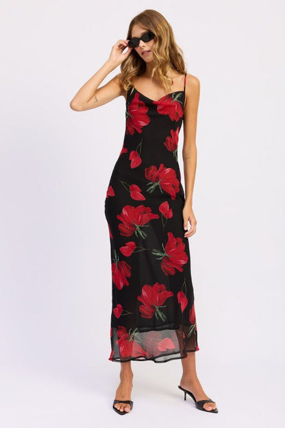 FLORAL PRINTED COWL NECK MAXI DRESS