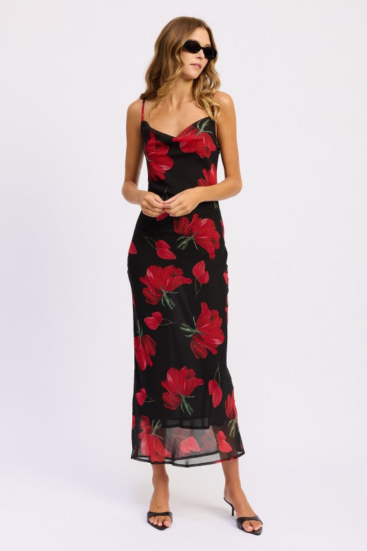 FLORAL PRINTED COWL NECK MAXI DRESS