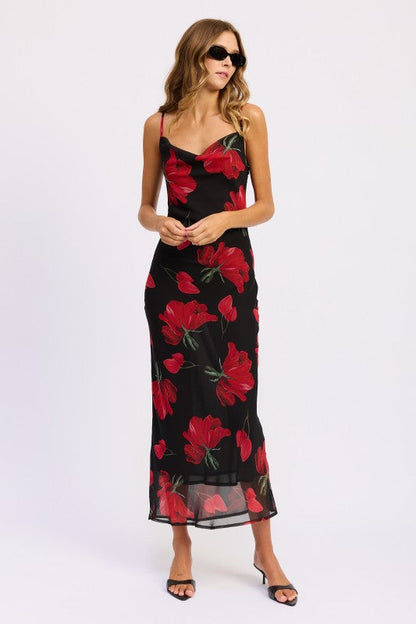 FLORAL PRINTED COWL NECK MAXI DRESS