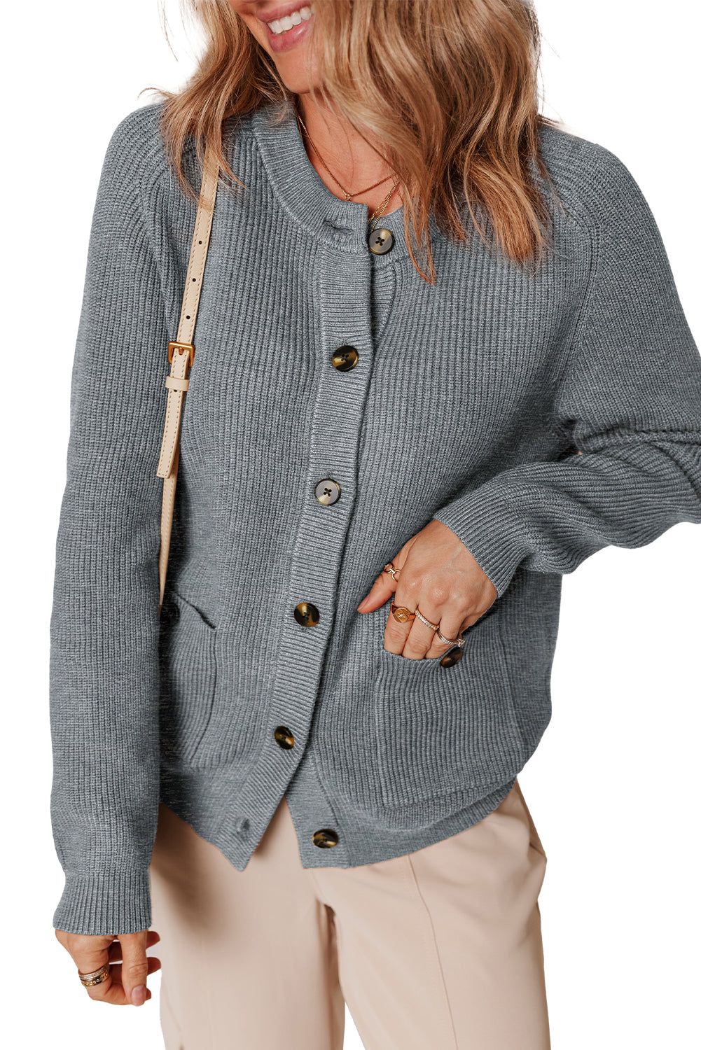 Medium Grey Chunky Buttoned Front Round Neck Cardigan Sweater
