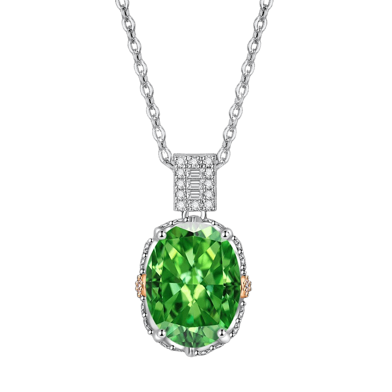 Multicolor Ice Flower Cut Oval CZ Pendant Necklace, Blue & Green 10*14mm 8A Cubic Zirconia, Two-Tone Pave CZ Halo with Pavé Top Frame, Adjustable Chain, Dainty Luxe