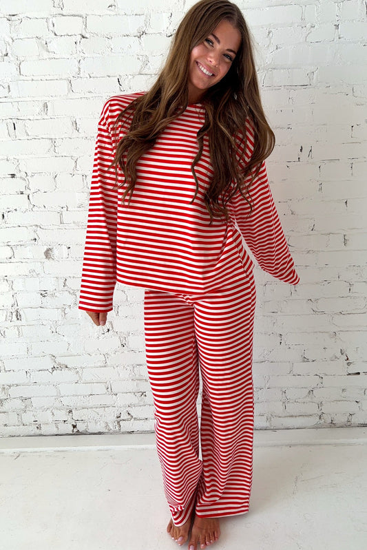 Red Stripe Drop Shoulder Long Sleeve Top Lounge Pants 2pcs Set