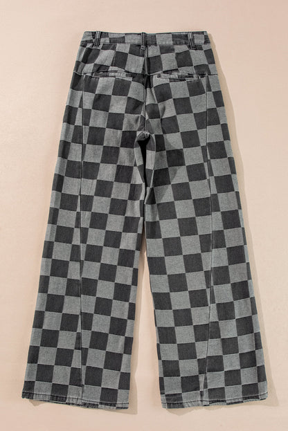 Dusk Blue Checkered Light Washed Wide Leg Jeans