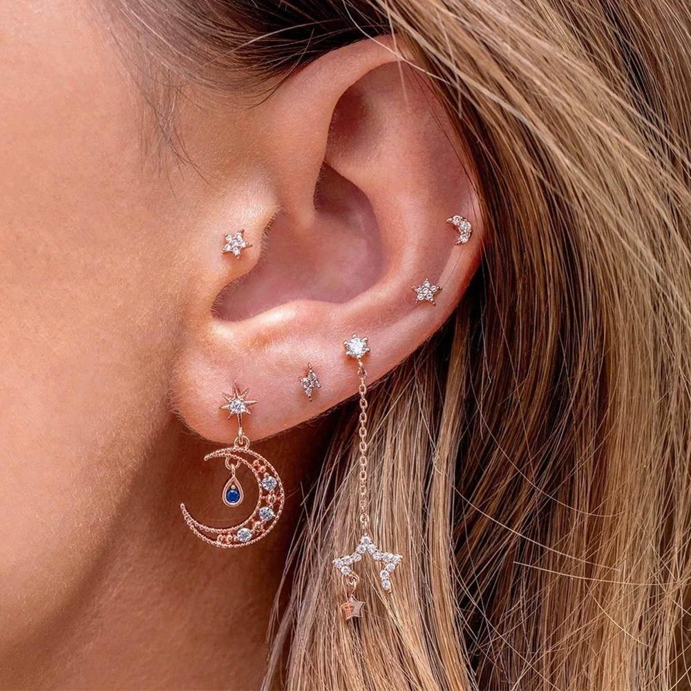 6 Pieces Geometric Prism Drops Earring Set, 18k Gold Hoop with Drops, S925 Needle, Stacked Lobe Designs with Dazzling Zirconia