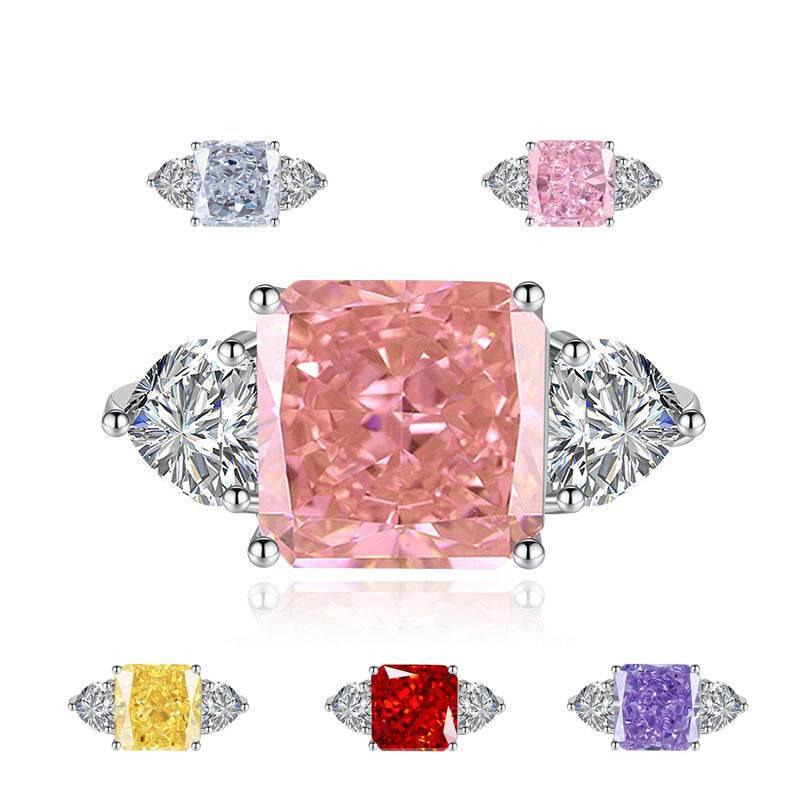 Multicolor Ice Flower Cut Square CZ Adjustable Ring, 10*10mm 8A Main Cubic Zirconia, Two Heart Side CZ, Dainty Luxe