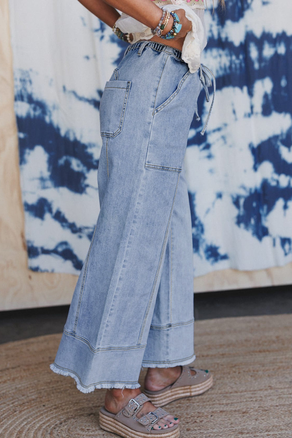 Beau Blue Drawstring Seam Detail Raw Hem Wide Leg Jeans