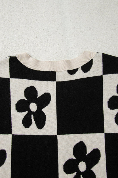 Black Flower Plaid Henley Baggy Sweater