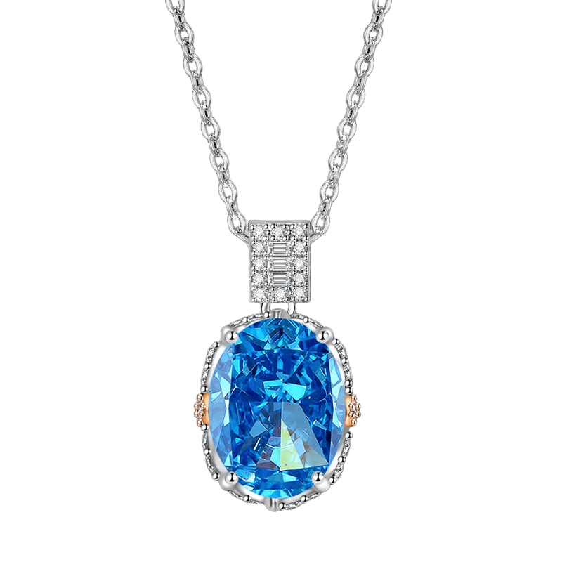Multicolor Ice Flower Cut Oval CZ Pendant Necklace, Blue & Green 10*14mm 8A Cubic Zirconia, Two-Tone Pave CZ Halo with Pavé Top Frame, Adjustable Chain, Dainty Luxe