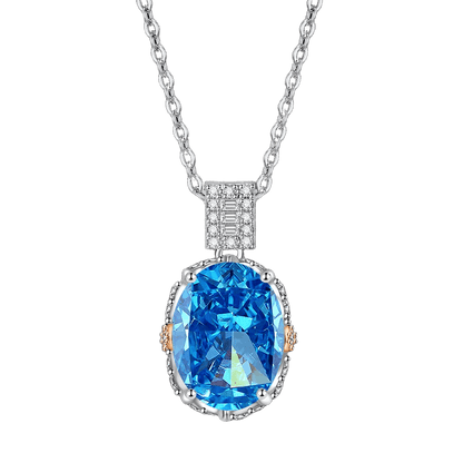 Multicolor Ice Flower Cut Oval CZ Pendant Necklace, Blue & Green 10*14mm 8A Cubic Zirconia, Two-Tone Pave CZ Halo with Pavé Top Frame, Adjustable Chain, Dainty Luxe