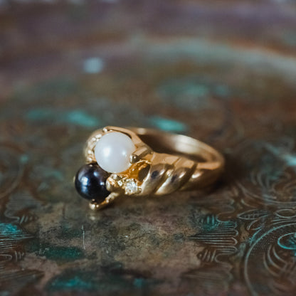 Vintage Ring Black and White Pearl with Crystal Ring 18k Gold Antique Womans Jewlery Handmade Size Rings R3326 by PVD Vintage Jewelry