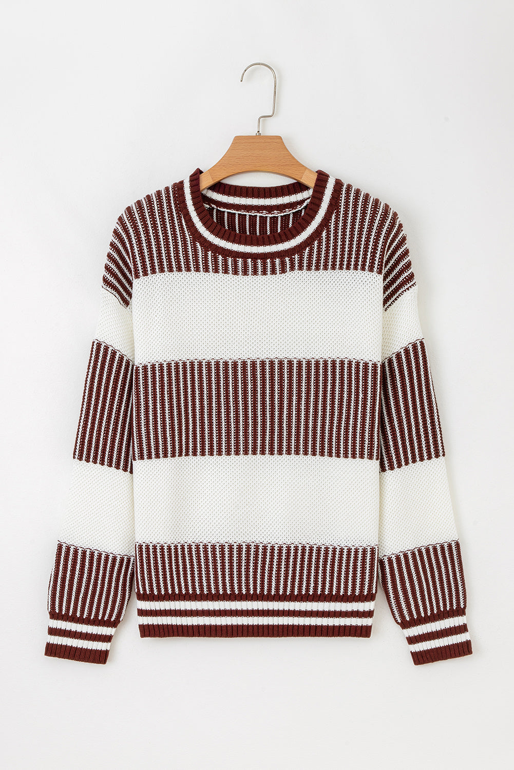 Brown Two Tone Striped Patchwork Drop Shoulder Sweater