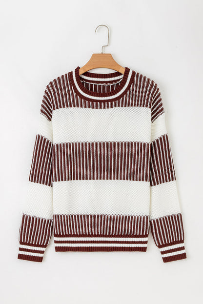 Brown Two Tone Striped Patchwork Drop Shoulder Sweater