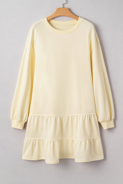 Beige Double Tiered Ruffle Hem Long Sleeve Loose Mini Dress