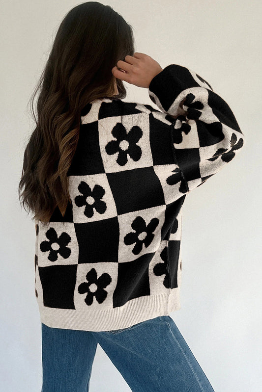 Black Flower Plaid Henley Baggy Sweater