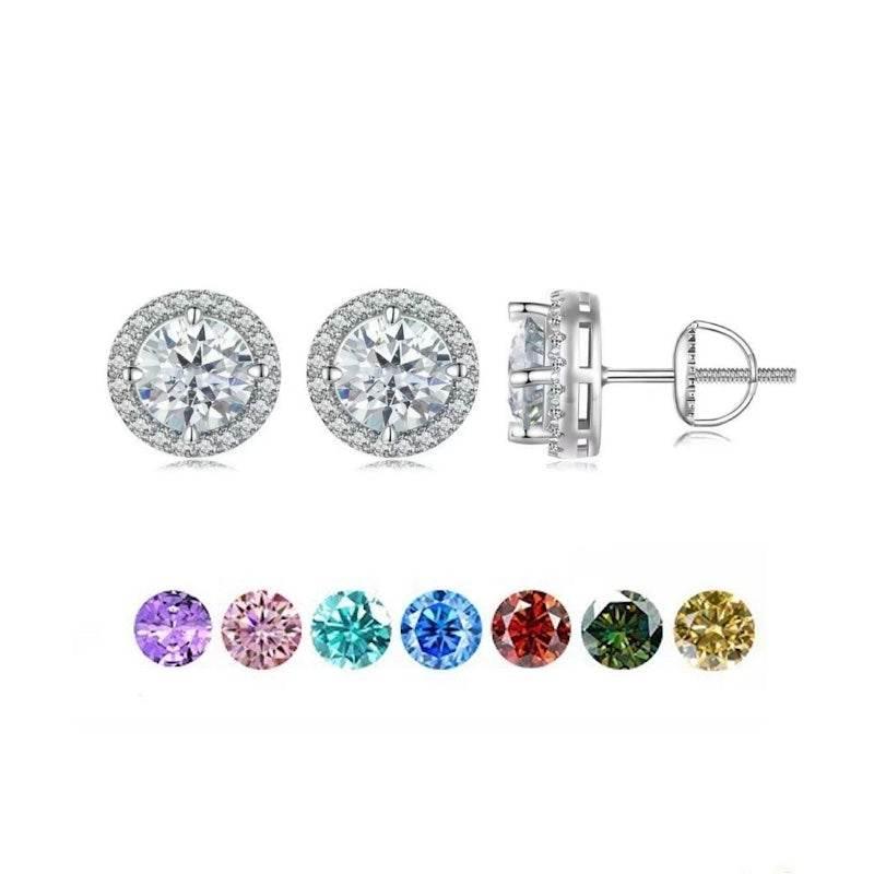 S925 Multicolor Moissanite Round Halo Stud Earrings with Threaded Needle, 8 Color Options, 0.1-3ct D-Grade VVS, Sterling Silver Jewelry for Men Women