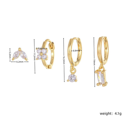 4 Pieces Geometric Zircon Stud Earring Set, 18k Gold Plated Ear Studs and Drops, Trendy Sweet Cool Earrings, S925 Needle, Stacked Lobe Designs with Dazzling Zirconia