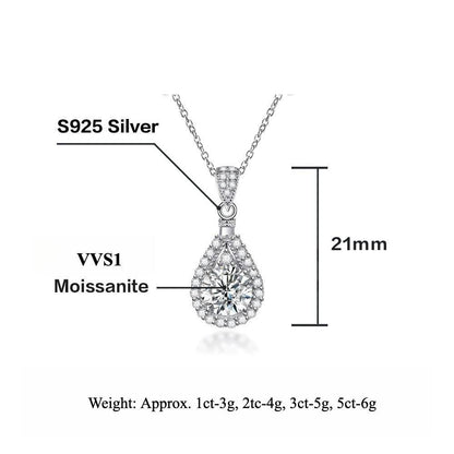 S925 Moissanite Teardrop Halo Pendant Necklace with Pavé Top Frame, 1-5ct VVS1 D-Grade Certified, Sterling Silver Pear Shape Pendant for Her