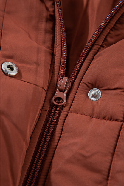 Solid Quilted Stand-Neck Zip-Up Buttoned  Puffer Coat