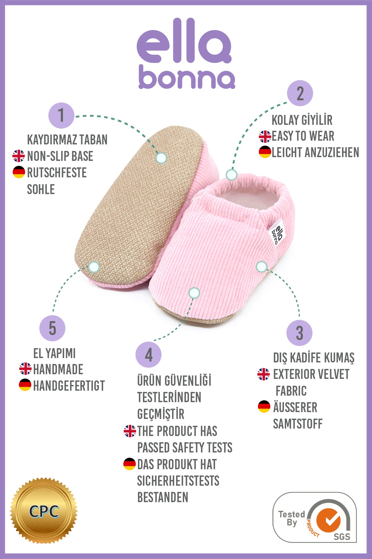 Organic Cotton Corduroy Home Nursery Moccasin Shoes , Pink