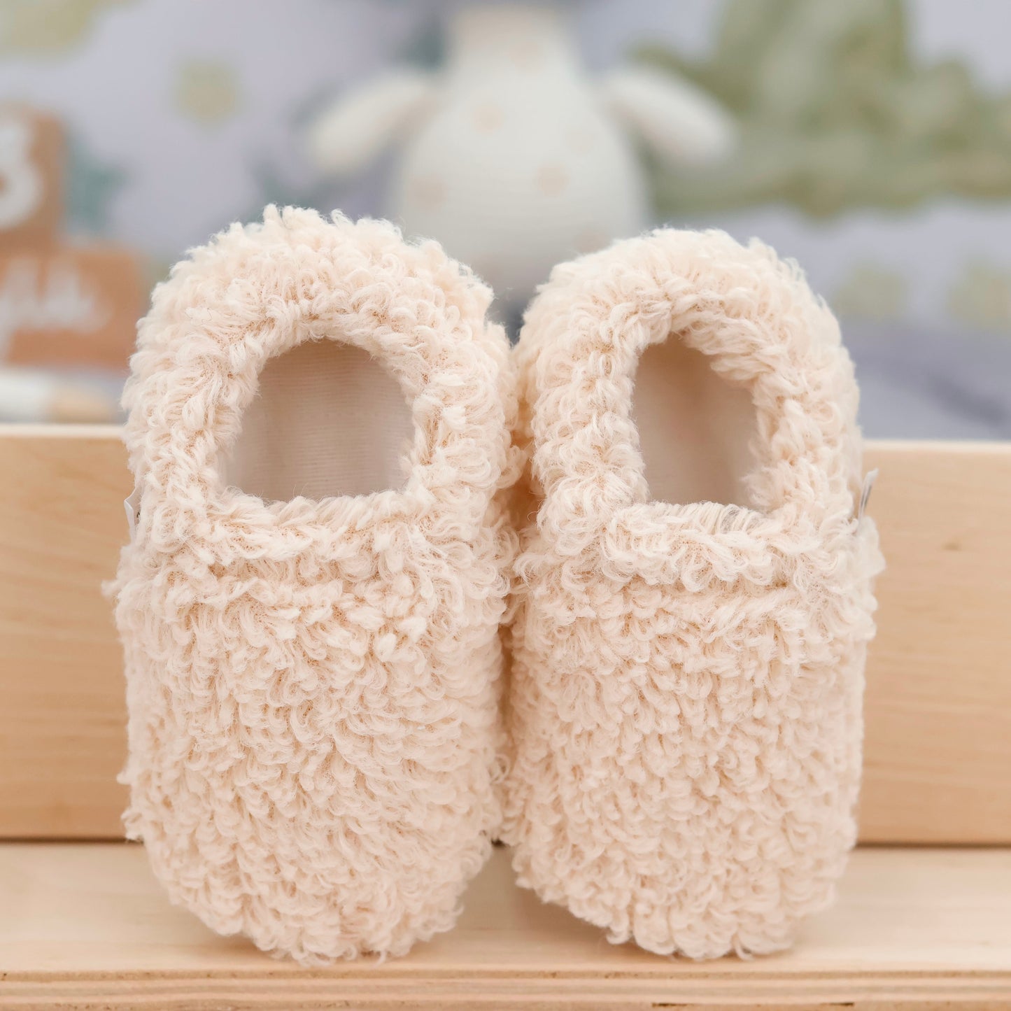 Teddy Baby Booties House Slippers, Non-Slip Sole, Organic Cotton Lining, Home Nursery Shoes, Beige