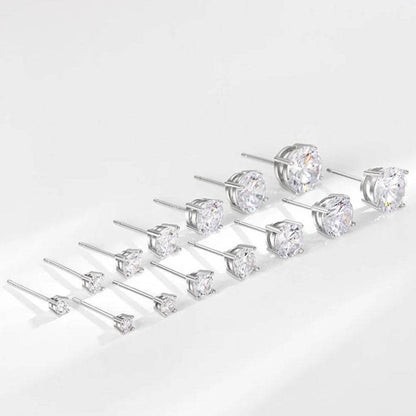 S925 Dazzling Classic 4-Prong CZ Stud Earrings, 2-8mm Round Cubic Zirconia Sterling Silver Earrings, 4 Color Options, Unisex Men Women Daily