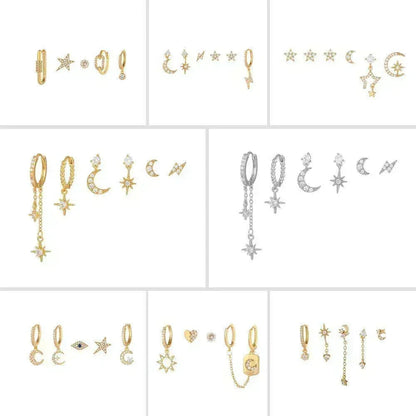 6 Pieces Radiant Hoop Layers Earring Set, 18k Gold Stud Hoop, S925 Needle, Stacked Lobe Designs with Dazzling Zirconia