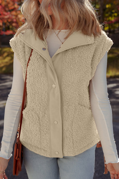 Beige Faux Fur Snap Button Front Knot Side Plush Vest with Pockets