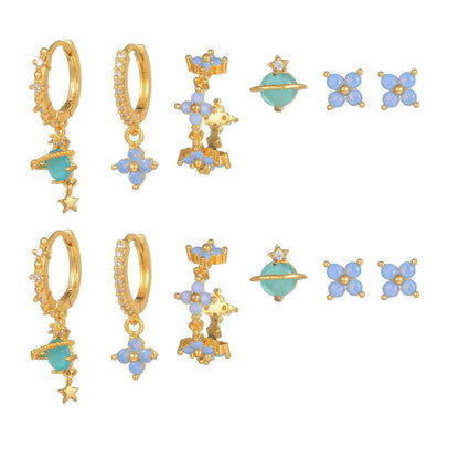 6 Pieces Blue Flower Pierced Earring Set with Zircon, 18k Gold Plated Ear Studs and Ear Drops, Women's Fashion Jewelry for Party Daily Stacked Lobe Earrings