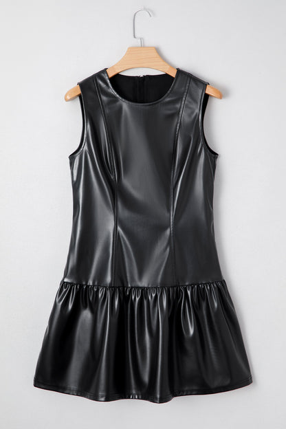 Black Faux Leather Ruffle Hem Sleeveless Mini Dress