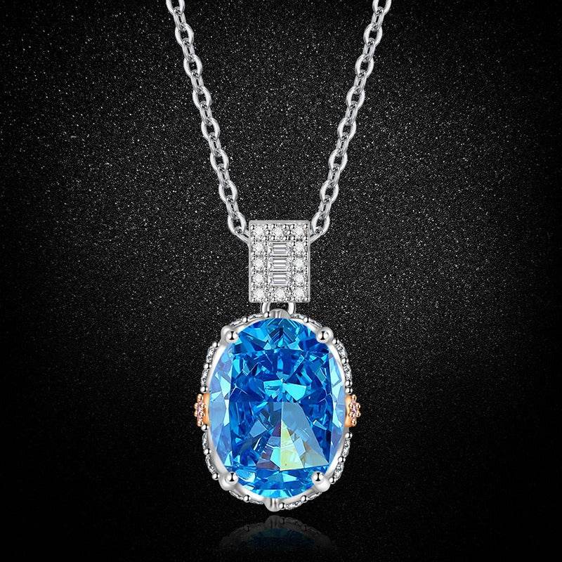 Multicolor Ice Flower Cut Oval CZ Pendant Necklace, Blue & Green 10*14mm 8A Cubic Zirconia, Two-Tone Pave CZ Halo with Pavé Top Frame, Adjustable Chain, Dainty Luxe
