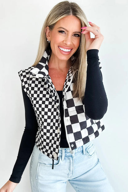 Brown Checkered Stand Collar Cropped Puffer Vest