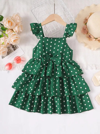 Bow Polka Dot Square Neck Layered Dress