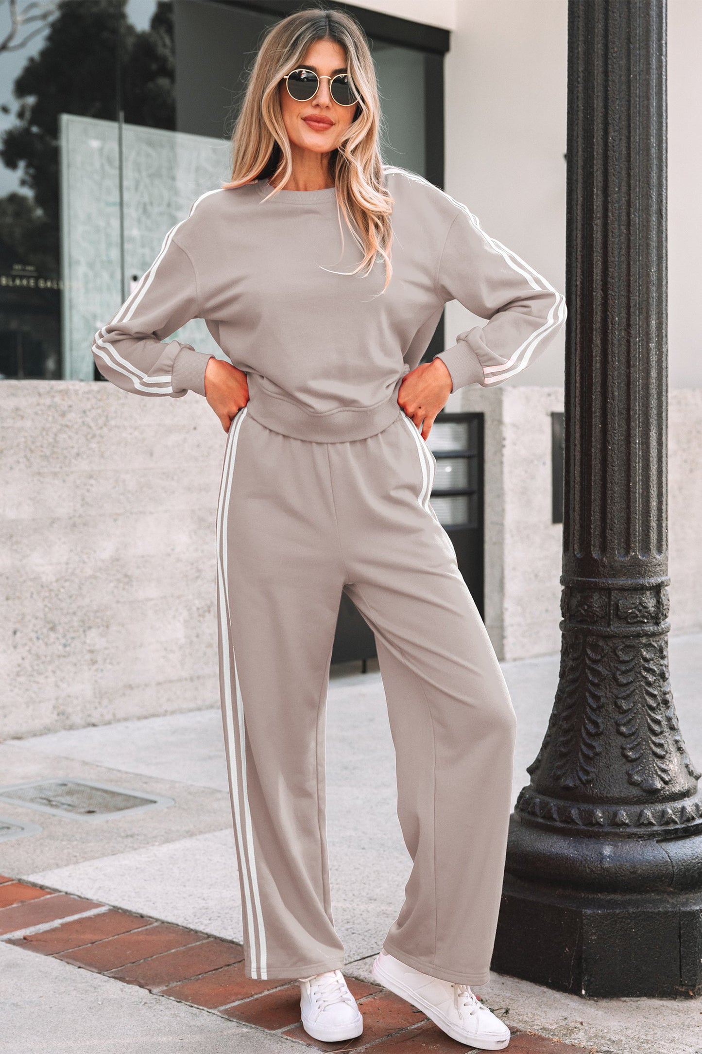 Gray Morn Varsity Striped Detail Crewneck Pullover Elastic Sweatpants 2pcs Outfit