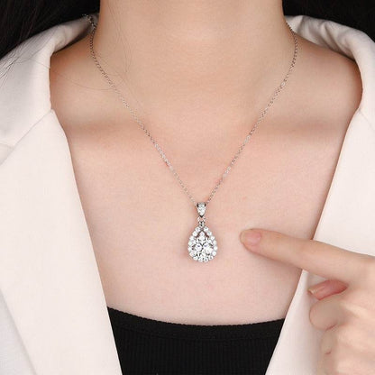 S925 High Carbon CZ Teardrop Halo Pendant Necklace with Pavé Top Frame, 6-11mm Cubic Zirconia, Sterling Silver Pear Shape Pendant for Her