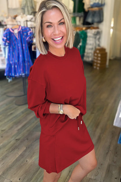 Coffee Solid Color Drop Shoulder Pullover Drawstring Mini Skirt Set