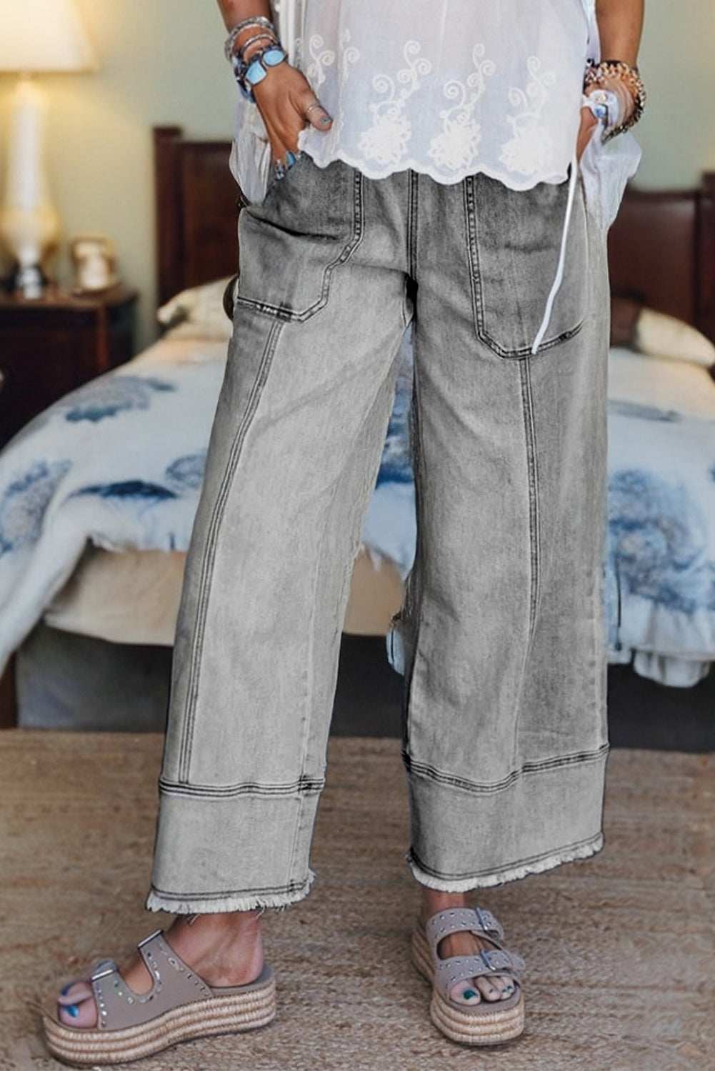 Prussian Blue Drawstring Seam Detail Raw Hem Wide Leg Denim Pants