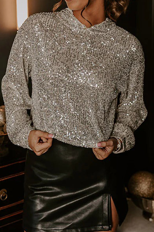 Jet Stream Sequin Hooded Long Sleeve Top