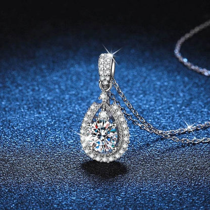 S925 High Carbon CZ Teardrop Halo Pendant Necklace with Pavé Top Frame, 6-11mm Cubic Zirconia, Sterling Silver Pear Shape Pendant for Her